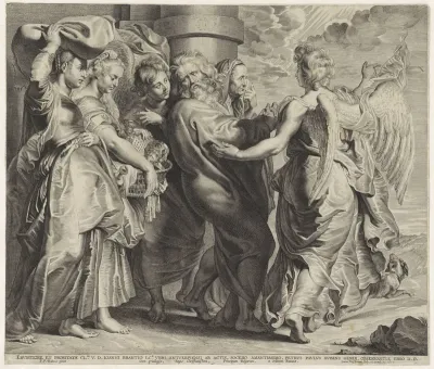 Lot ontvlucht Sodom met zijn vrouw en dochters