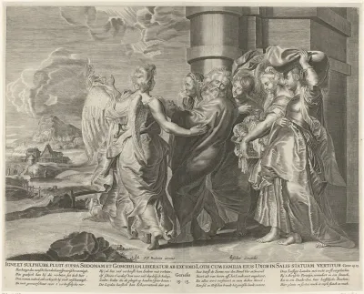 Lot ontvlucht Sodom met zijn vrouw en dochters