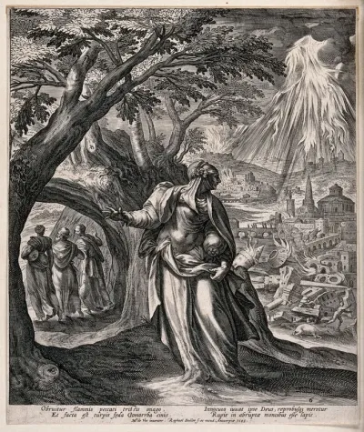Lot's wife looks back at the flames pouring from Heaven upon Sodom; Lot and his daughters go on ahead