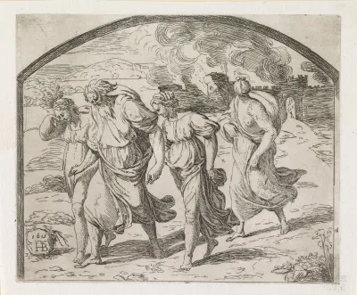Lot verlaat Sodom met zijn vrouw en dochters