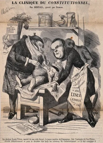 Louis Désiré Véron and Bernard-Adolphe Granier de Cassagnac dissect Adolphe Thiers; symbolising the ousting of Thiers from the editorship of the Constitutionnel, the paper bought by Véron