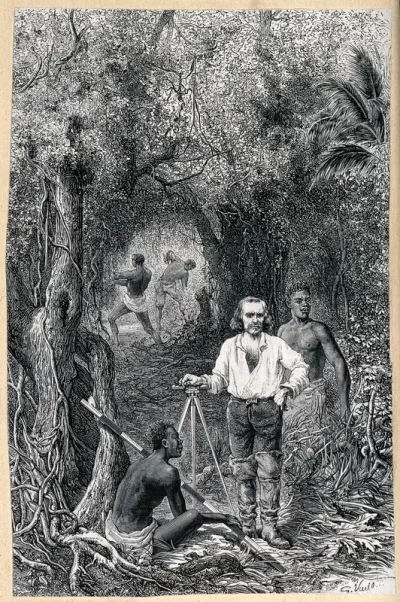 Louis Lacharme, with a level and with local assistants, clearing a route through dense jungle in Panama for an interoceanic canal