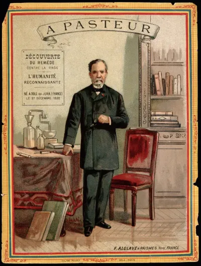 Louis Pasteur, standing, holding eyeglasses, with chemical apparatus and books