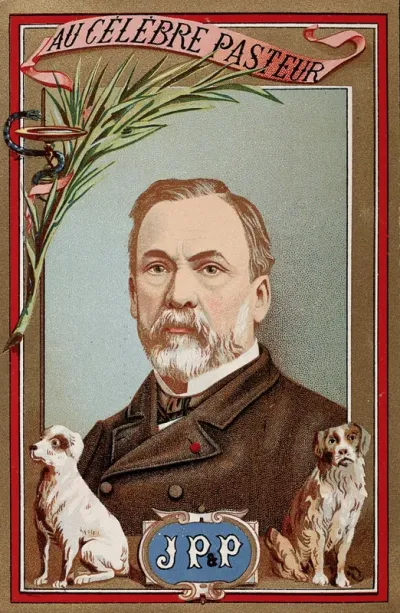 Louis Pasteur, with two dogs (referring to his work on rabies), a palm and a snake around a bowl (indicating achievement in hygiene)