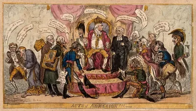 Louis XVIII sits on a throne surrounded by bowing marshals who offer their loyalty