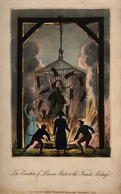 Louisa Mabreé, a French midwife being executed in a cage full of cats above a fire