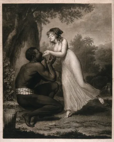 Louise Chevalier in the role of Virginie is feeding water from her hands into the mouth of a black man in a loin-cloth