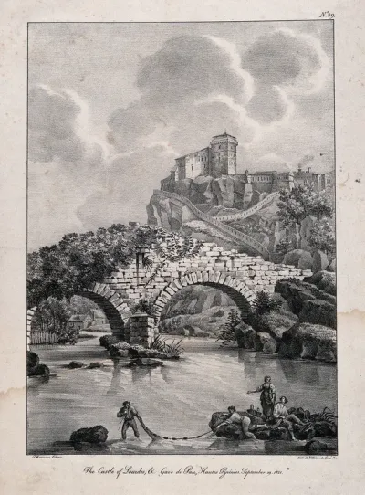 Lourdes and Gave-de-Pau, Hautes Pyrénées, France: peasants fishing with the castle in the background