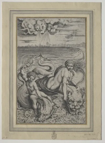 Love and Cupid Carried by Dolphins
