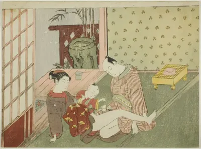 Lovers with Young Attendant Looking on, from an untitled series of erotic prints