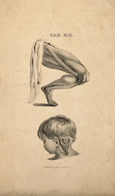 Lower limb: écorché leg showing the sartorial muscle, and a partial dissection of the back of a young child's neck