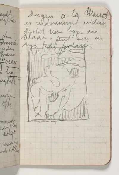 Løse rids af komposition efter Gauguins Nøgen bretonsk dreng, 1889 samt iagttagelser gjort efter malerier af bl.a. Cezanne, Gauguin og Pissaro på impressionistudstillingen i Kunstforeningen, København, april 1911