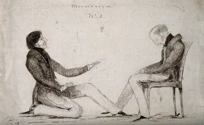 Lt. Col. Ashburnham performing animal magnetism on Lt. Col. Forbes. Pen and ink drawing, 183-