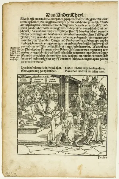 Lucius Mutius, Scipio Africanus, and Paulus Aemilius (recto) Battle Scene (verso) from Officia M.T.C., plate 23 from Woodcuts from Books of the XVI Century
