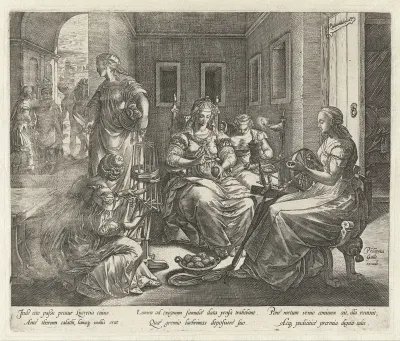 Lucretia en haar dienstmaagden bij het spinnen