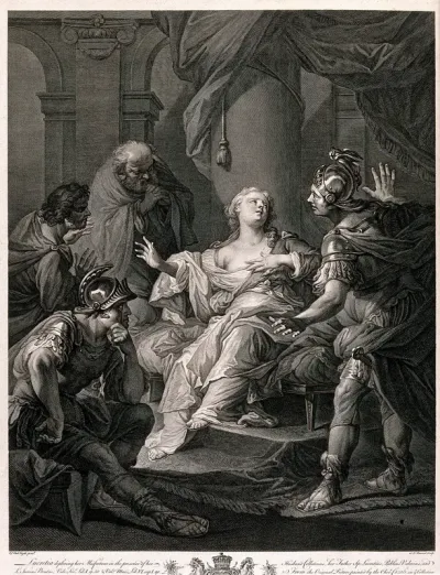 Lucretia recounts to her family and friends her rape by Tarquin, and requests vengeance