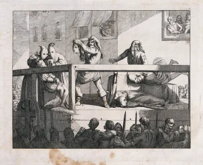 Lucrezia Cenci and Beatrice Cenci are beheaded in Rome: an executioner holds up the head of Beatrice, whose brother faints at the sight
