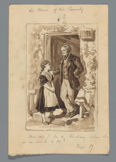 Lucy en haar vader in gesprek in de deurpost van het huis