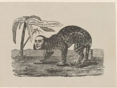 Luipaard met het hoofd van een man (mogelijk Floris Adriaan van Hall) in de woestijn naast een palmboom met tekst