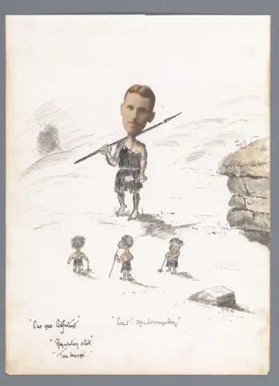 Luitenant Hendersonodon en vier andere militairen als prehistorische mensen