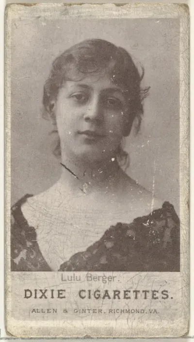 Lulu Berger, from the Actresses series (N67) promoting Dixie Cigarettes for Allen & Ginter brand tobacco products