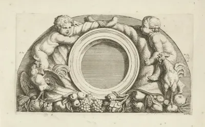 Lunette met putti, hanen en hoornen des overvloeds in de westelijke galerij van het Stadhuis op de Dam