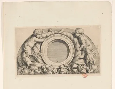 Lunette met putti, hanen en hoornen des overvloeds in de westelijke galerij van het Stadhuis op de Dam