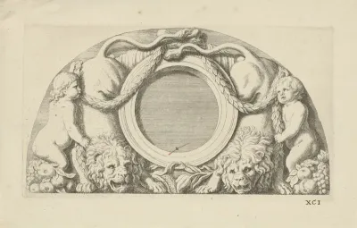 Lunette met putti, leeuwen en hoornen des overvloeds in de oostelijke galerij van het Stadhuis op de Dam