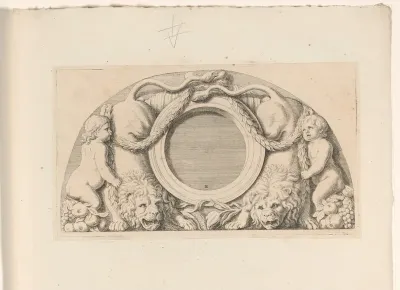 Lunette met putti, leeuwen en hoornen des overvloeds in de oostelijke galerij van het Stadhuis op de Dam