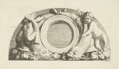 Lunette met putti, vissen en hoornen des overvloeds in de oostelijke galerij van het Stadhuis op de Dam