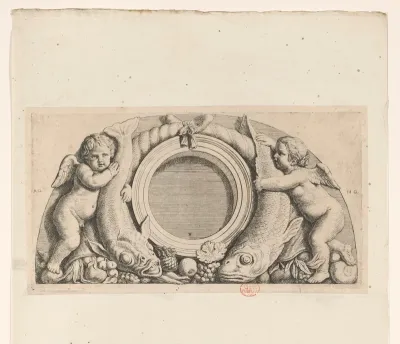 Lunette met putti, vissen en hoornen des overvloeds in de oostelijke galerij van het Stadhuis op de Dam