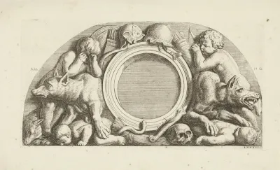 Lunette met putti, wolven en wapenuitrusting in de westelijke galerij van het Stadhuis op de Dam