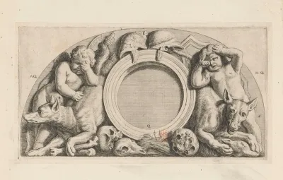 Lunette met putti, wolven en wapenuitrusting in de westelijke galerij van het Stadhuis op de Dam
