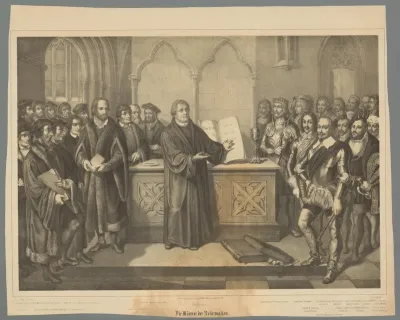 Luther spreekt tot een groep mensen in een kerk
