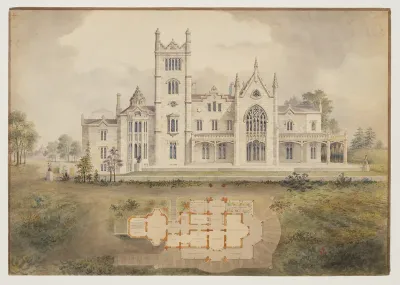 Lyndhurst for George Merritt, Tarrytown, New York (west [rear] elevation and plan)