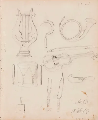 Lyyra, postitorvi, rumpu, viulu ; sirppi, paistihaarukka ja veitsi ym. Merkitty: Art.Co  /  18 25/XII 63