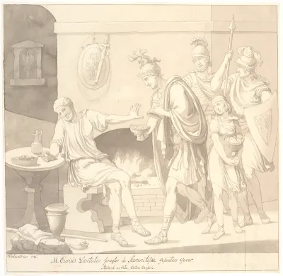 "M. Curius Dantatus foragter de Samnitiske Gesanters Gaver./ Plutach: in vita. Caton Censoris."