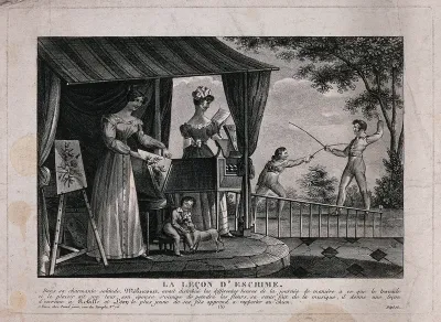 M. de Mélincourt is happy that his wife is painting flowers, his sister is playing music, his elder son is learning to fence and is younger son is playing with the dog. Engraving