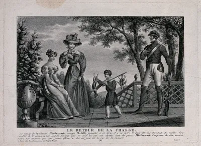 M. de Mélincourt proudly returns from the hunt with his son, who presents to his mother and his aunt the game he has shot, though they doubt his claim. Engraving