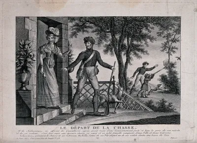 M. de Mélincourt sets off for the hunt saying farewell to his wife, while his son is having shooting lessons. Engraving