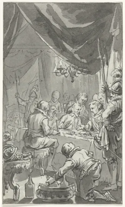 Maaltijd van officieren in een tent in een legerkamp, bij avond