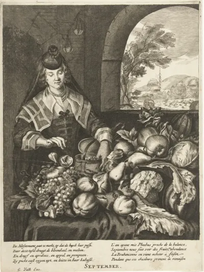 Maand september voorgesteld als vrouw bij tafel overladen met groenten en fruit