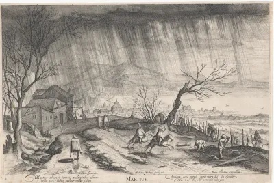 Maart, landschap met een regenbui