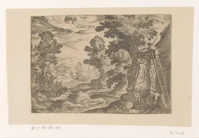 Maart: plattelandsscène met muildier en gevogelte (ram)