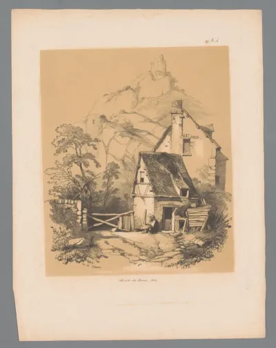 Maaslandschap met huis aan de voet van een berg met boven op een ruïne