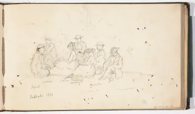 Maassa istuva seurue. Merkitty: Hårdh, Colliander, fröknar Ramsay Westling Hervander  /  Dalsbruk 1871