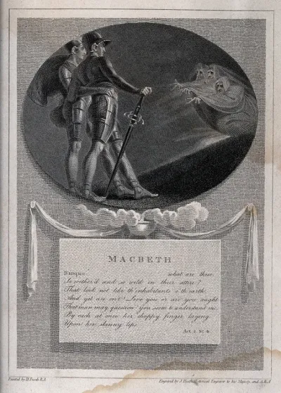 Macbeth and Banquo meet the three witches on a heath; scene from Shakespeare's 'Macbeth'