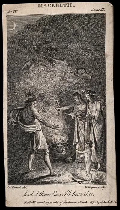 Macbeth consults the three witches; an apparition appears of a bloody child, who calls Macbeth's name three times