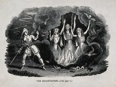 Macbeth meets the three witches; scene from Shakespeare's 'Macbeth'