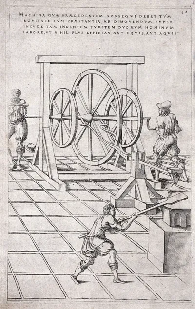 Machinery: a kind of crank-driven hammer, with a man working at a forge